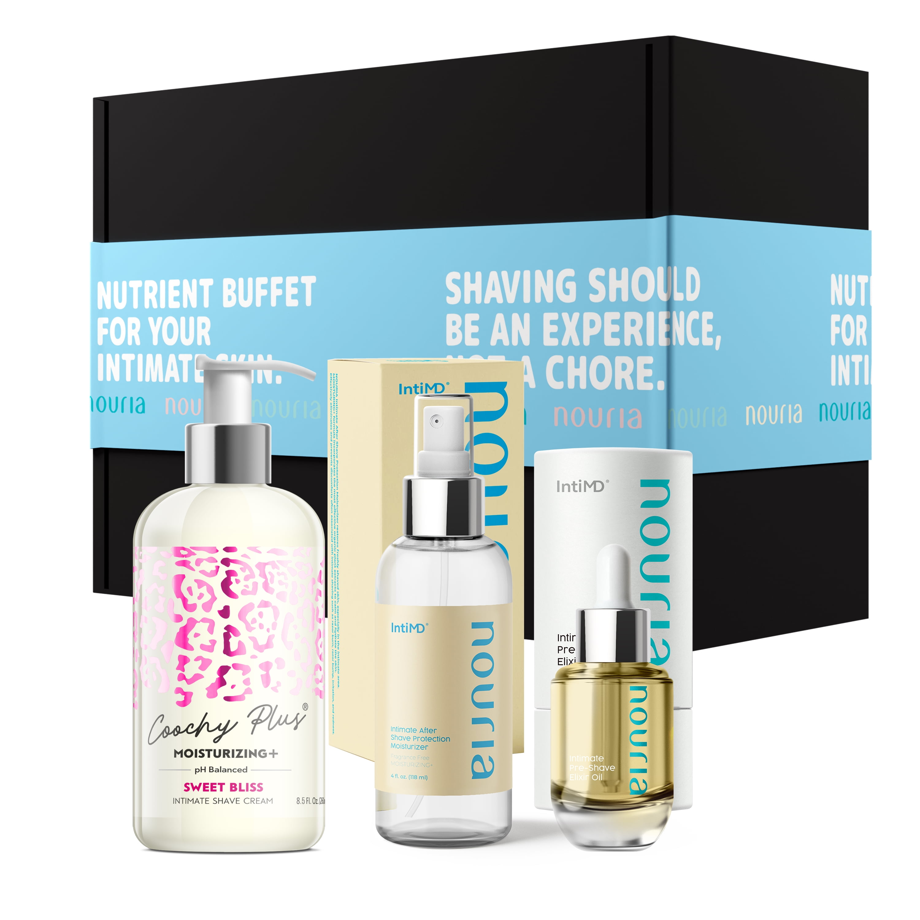 Coochy Plus HydroLock MOISTURIZING+ 3-Steps Kit Intimate Shave Gift Set: NOURIA Pre-Shave Elixir Oil + Coochy Plus Shave Cream Sweet Bliss + NOURIA After Shave Protection Mist Fragrance Free