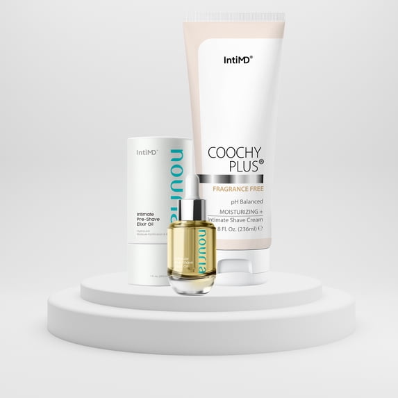 Coochy Plus Intimate Shave Cream Fragrance Free + NOURIA Pre-Shave Elixir Moisturizer Oil Kit – HydroLock & MOISTURIZING PLUS Continuous Hydration Reliefs Razor Burn Bump