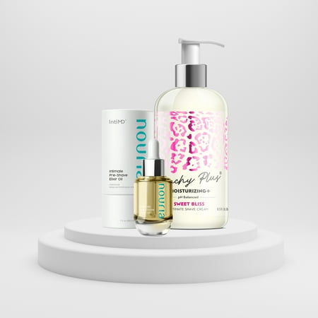 Coochy Plus Intimate Shave Cream Sweet Bliss + NOURIA Pre-Shave Elixir Moisturizer Oil Kit – HydroLock & MOISTURIZING PLUS Continuous Hydration Reliefs Razor Burn Bump Ingrown Hair