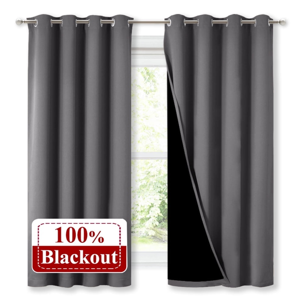 Coodeto 100 Blackout Curtains with Black Liners, Grey, 2 Panels, 52 x 63 inch, Thermal