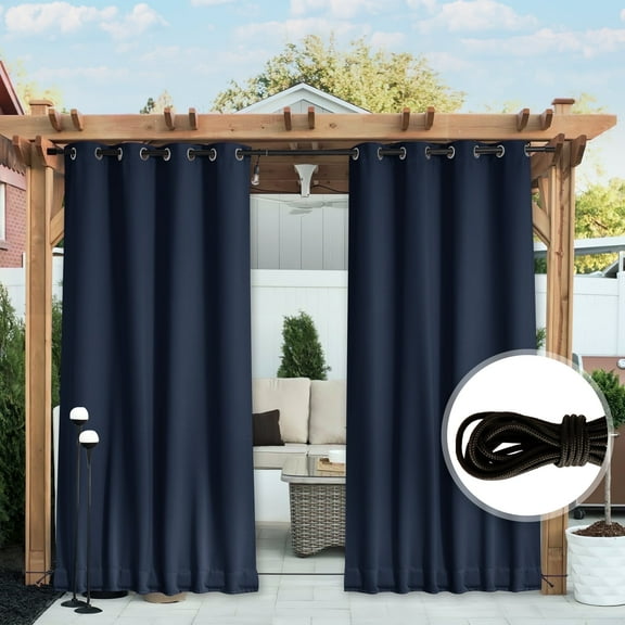 NICETOWN 2 Panels Outdoor Curtains for Patio Waterproof, W52 x L84, Navy Blue, Top & Bottom Grommet & Back Tab Windproof Drapes Thermal Insulated Blackout Outdoor Blinds for Porch / Gazebo