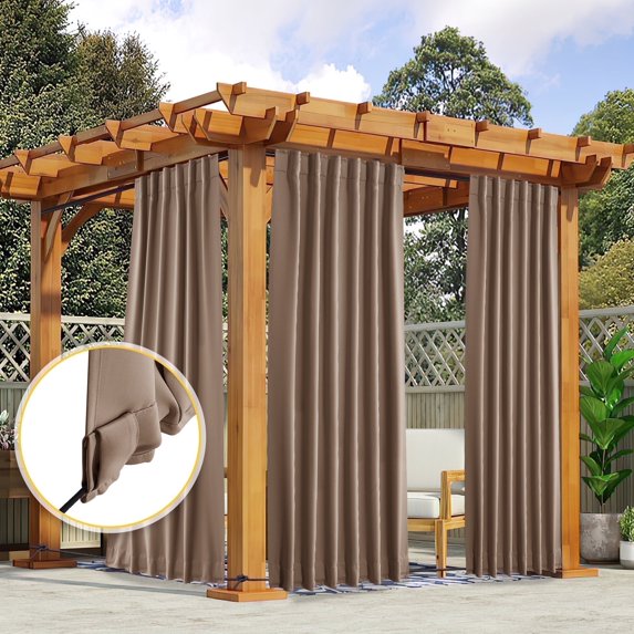 NICETOWN 2 Panels Outdoor Curtains for Patio, Top and Bottom Pocket & Back Tab Windproof Drapes Thermal Insulated Blackout Curtains for Porch Gazebo Pergola with Fixed Rope, 52"x95", Tan