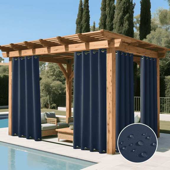 NICETOWN 2 Panels Outdoor Curtains for Patio Waterproof, W52 x L84, Navy Blue, Rustproof Top and Bottom Grommet Windproof Drapes Thermal Insulated Blackout Outdoor Blinds for Porch / Gazebo