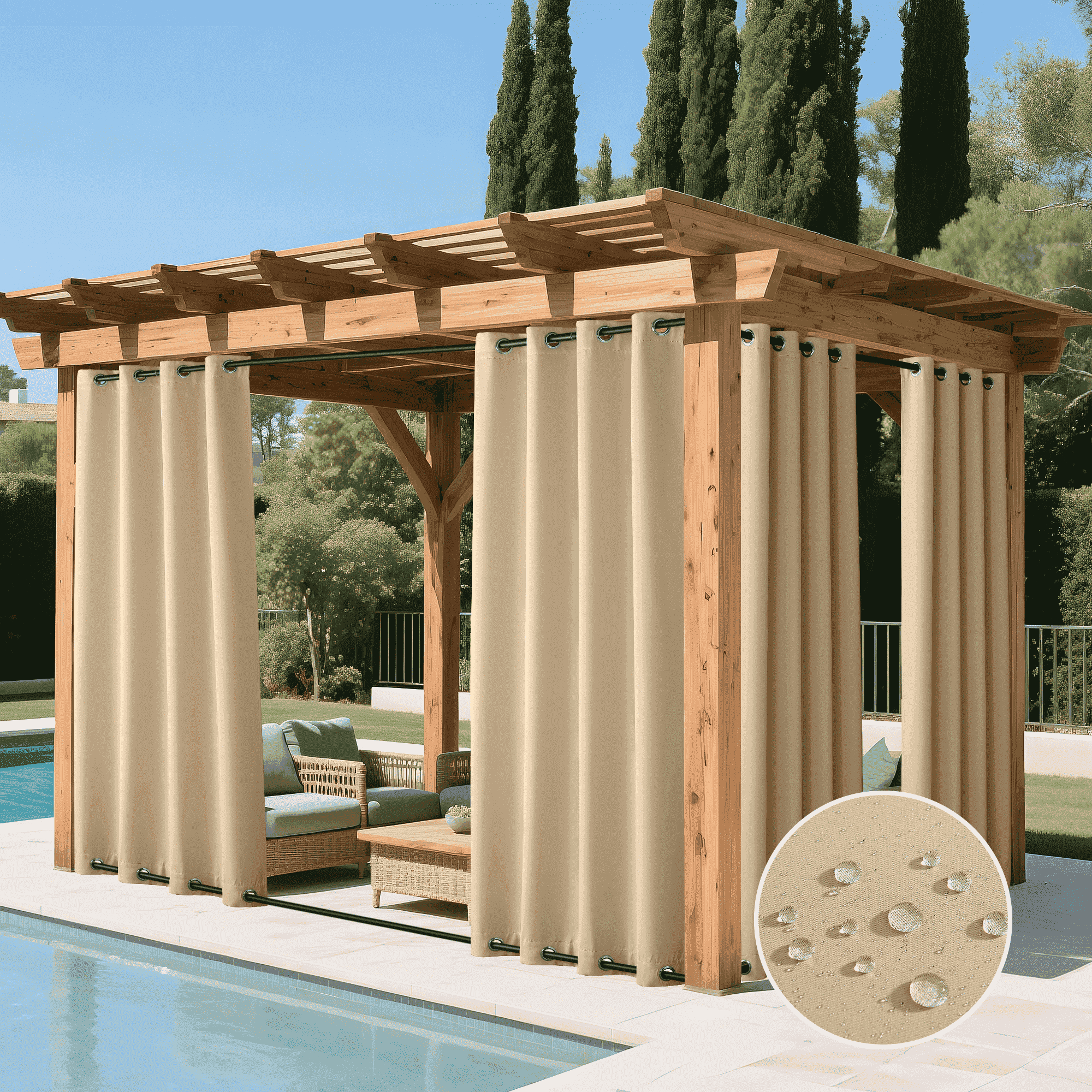 NICETOWN 2 Panels Outdoor Curtains for Patio Waterproof & Windproof, Biscotti Beige, W52 x L95, Top and Bottom Fixed Rustproof Grommets Light Block Outdoor Curtain Drape for Pool
