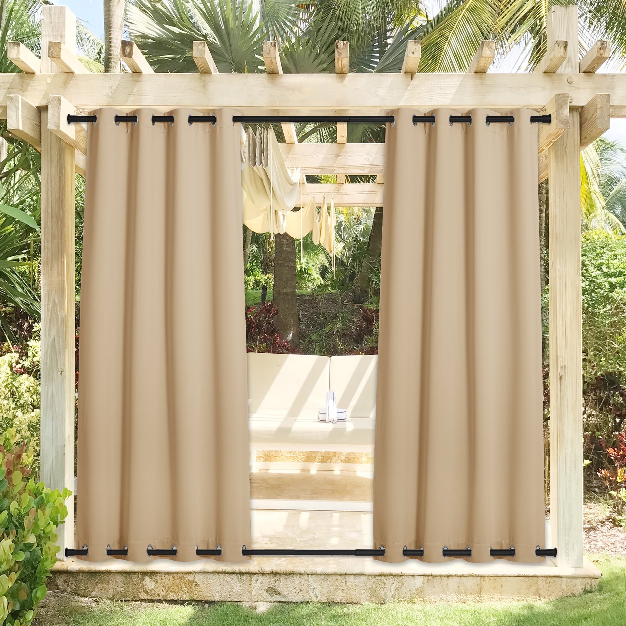 NICETOWN 2 Panels Outdoor Patio Curtains Windproof Top & Bottom Grommet, Biscotti Beige, W52 x L84, Thermal Insulated Light Blocking Windproof Drapes Keep Privacy for Yard/Porch