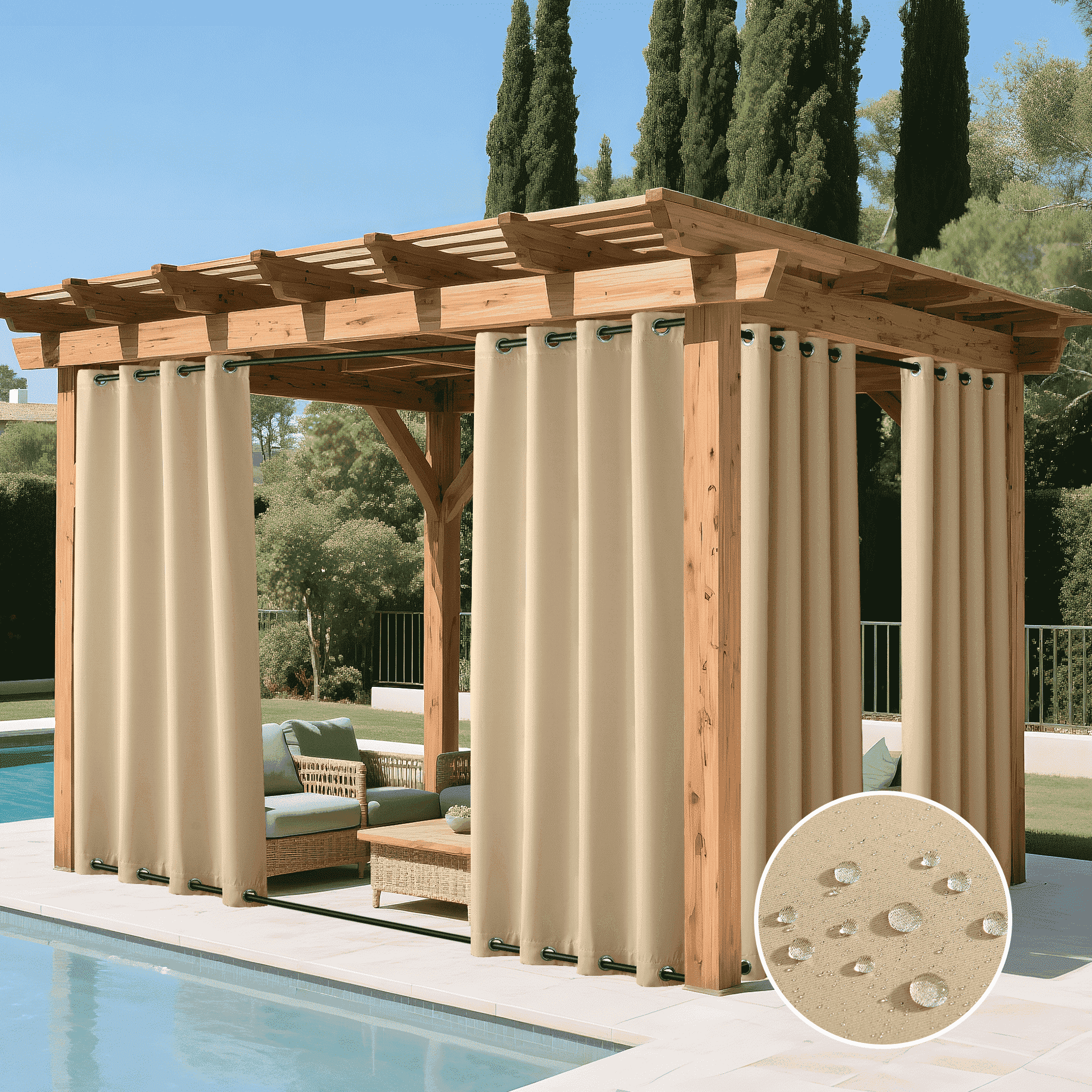 Coodeto Outdoor Patio Curtains, 2 Panels, Beige, W52 x L84, Thermal Insulated Light Blocking Privacy Drapes