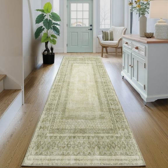 NICETOWN 2'x6' Hallway Runner Rug, Machine Washable Non-Slip Stain Resistant Area Rug Soft Foldable Mysterious Tribal Bordered Indoor Mat for Kitchen Bathroom Laundry Room, Sage Green
