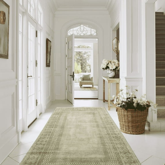 NICETOWN 2'x8' Runner Rug, Machine Washable Traditional Tribal Area Rug Non-Slip Stain Resistant Hallway Runner Rug Soft Foldable Low Pile Floor Mat for Kitchen Bedroom Hallway, Sage Green
