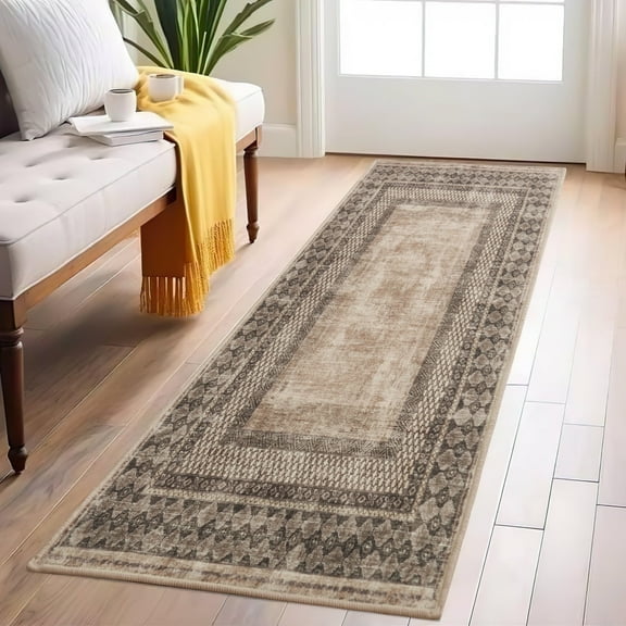 NICETOWN 2'x8' Runner Rug, Machine Washable Traditional Tribal Area Rug Non-Slip Stain Resistant Hallway Runner Rug Soft Foldable Low Pile Floor Mat for Kitchen Bedroom Hallway, Brownness