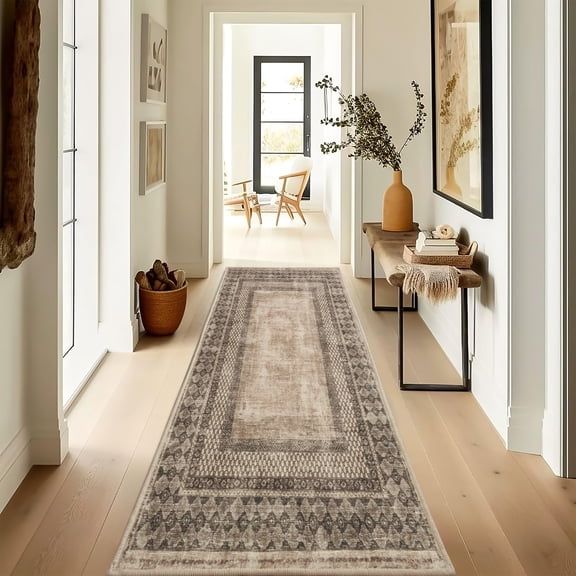 NICETOWN 2'x8' Runner Rug, Machine Washable Traditional Tribal Area Rug Non-Slip Stain Resistant Hallway Runner Rug Soft Foldable Low Pile Floor Mat for Kitchen Bedroom Hallway, Brownness