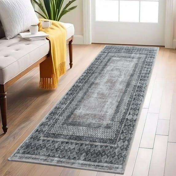 NICETOWN 2'x8' Washable Runner Rugs for Hallway Kitchen Entryway, Non-Slip Stain Resistant Area Rug Soft Foldable Mysterious Tribal CarPet Non-Shedding Low Pile Floor Nat, Charcoal Gray