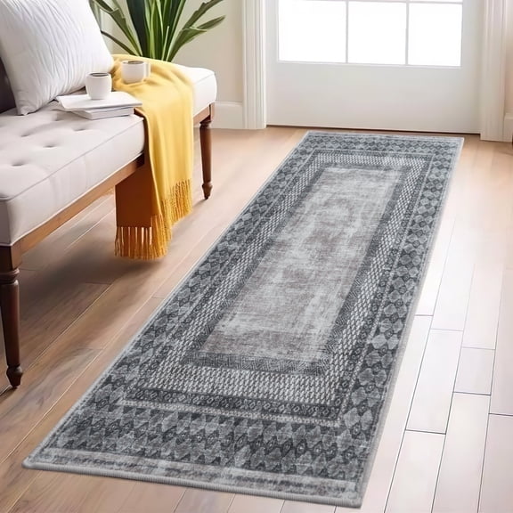NICETOWN 2'x8' Washable Runner Rugs for Hallway Kitchen Entryway, Non-Slip Stain Resistant Area Rug Soft Foldable Mysterious Tribal CarPet Non-Shedding Low Pile Floor Nat, Charcoal Gray