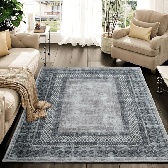 NICETOWN 4'x6' Area Rug for Living Room, Machine Washable Mysterious Tribal Rug Non-Slip Stain Resistant Indoor Carpet Soft Foldable Lightweight Accent Rug for Bedroom, Charcoal Gray