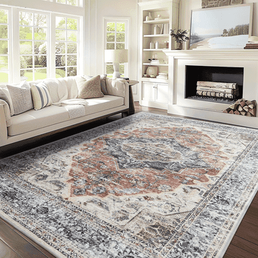 NICETOWN 5'x8' Area Rug for Living Room, Machine Washable Non-Slip Foldable Rug Stain Resistance Floor Mat Persian Rug for Bedroom, Brick Red & Black