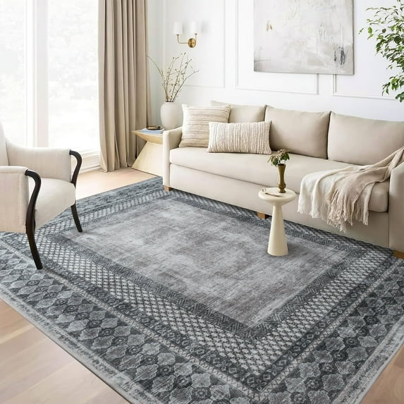 NICETOWN 6'x9' Washable Area Rugs for Living Room, Non-Slip Stain Resistant Mysterious Tribal Carpet Soft Foldable Distressed Throw Rugs Non-Shedding Large Rug, Charcoal Gray