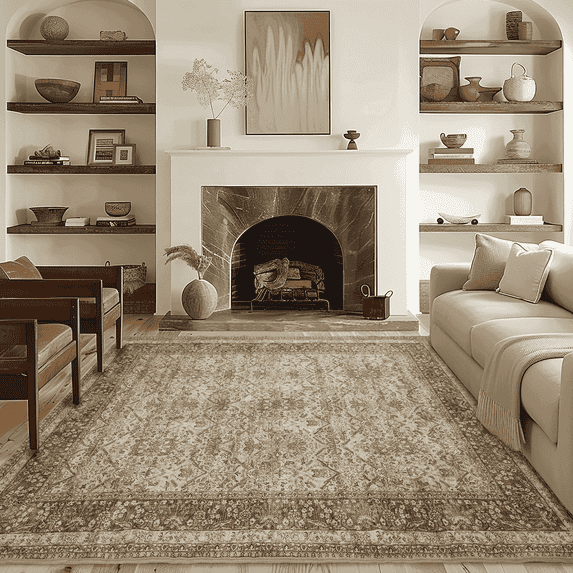 NICETOWN 8'x10' Area Rug for Living Room, Non-Slip Washable Rug Vintage Floral Non-Shedding Mat Soft Foldable Persian Rug for Bedroom, Brown