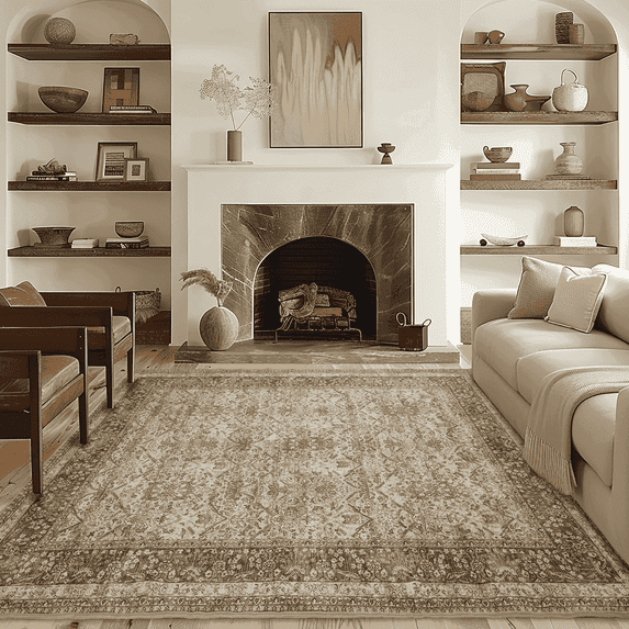 NICETOWN 8'x10' Area Rug for Living Room, Non-Slip Washable Rug Vintage Floral Non-Shedding Mat Soft Foldable Persian Rug for Bedroom, Brown