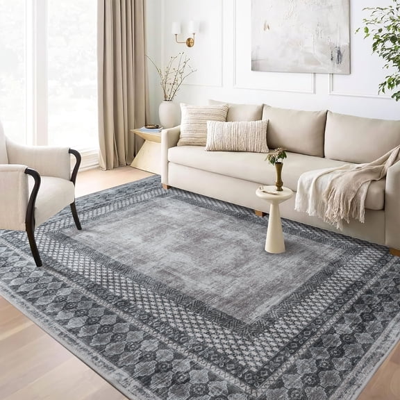 NICETOWN 8'x10' Area Rugs for Bedroom, Machine Washable Rug with Non-Slip Backing Non-Shedding Large Carpet Soft Foldable Stain Resistant Tribal Bordered Rug for Home Office, Charcoal Gray