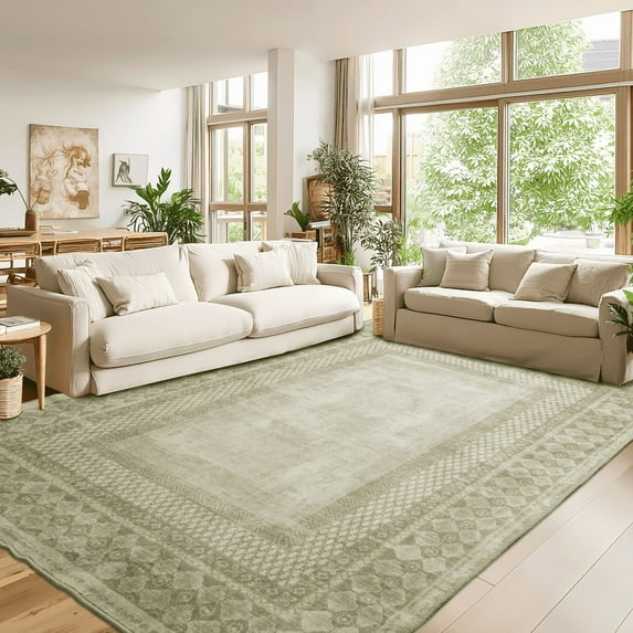 NICETOWN 8'x10' Area Rugs for Bedroom, Machine Washable Rug with Non-Slip Backing Non-Shedding Large Carpet Soft Foldable Stain Resistant Tribal Bordered Rug for Home Office, Sage Green