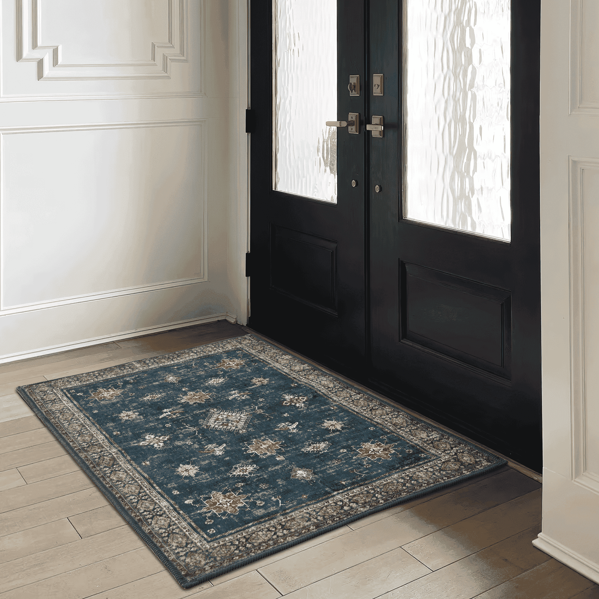 NICETOWN Area Rug 2'x3' Entryway Rug, Machine Washable Non-Slip Stain Resistant Floor Mat & Doormat Thin Foldable Floral Print Indoor Rug for Bedroom Bathroom, Dark Blue