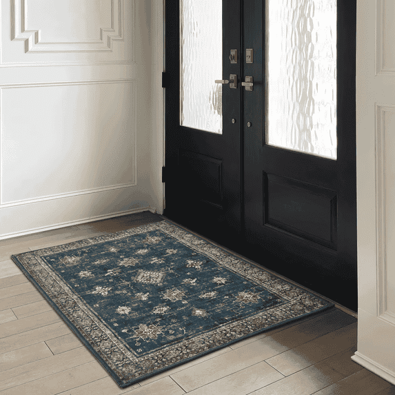 NICETOWN Area Rug 2'x3' Entryway Rug, Machine Washable Non-Slip Stain Resistant Floor Mat & Doormat Thin Foldable Floral Print Indoor Rug for Bedroom Bathroom, Dark Blue