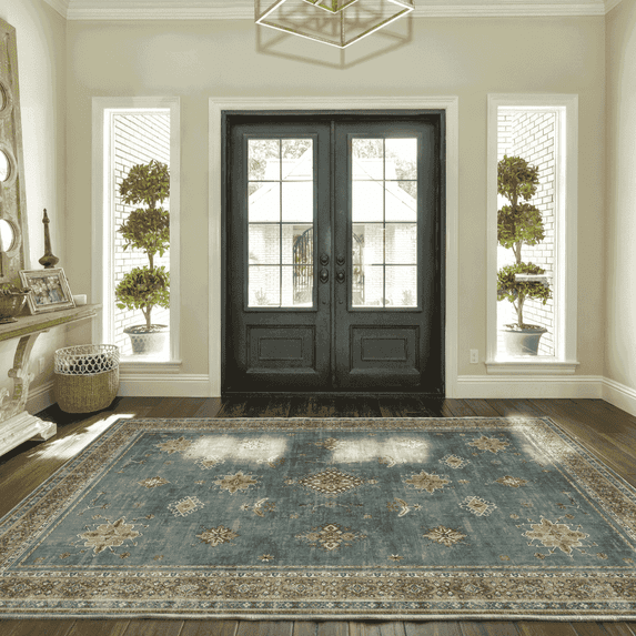 NICETOWN Area Rug 4'x6' Thin Washable Rug, Vintage Floral Print Rug Non-Slip Stain Resistant Carpet Indoor Non-Shedding Mat for Bedroom Living Room, Pale Green