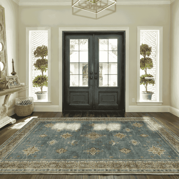 NICETOWN Area Rug 4'x6' Thin Washable Rug, Vintage Floral Print Rug Non-Slip Stain Resistant Carpet Indoor Non-Shedding Mat for Bedroom Living Room, Pale Green