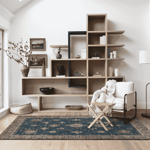 NICETOWN Area Rug 5'x8' Vintage Thin Washable Rug, Non-Slip Stain Resistant Mat Soft Foldable Floral Print Carpet for Dining Room Living Room, Dark Blue