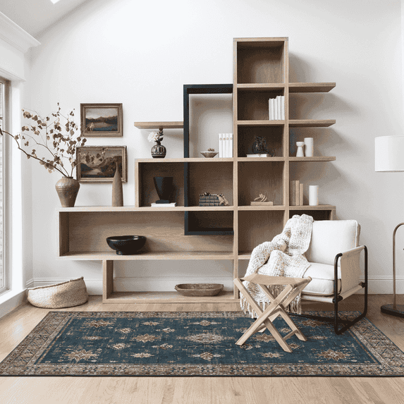 NICETOWN Area Rug 6'x9' Washable Living Room Rug, Non-Slip Soft Low-Pile Foldable Indoor Large Carpet Vintage Floral Print Mat for Bedroom Home Office, Dark Blue