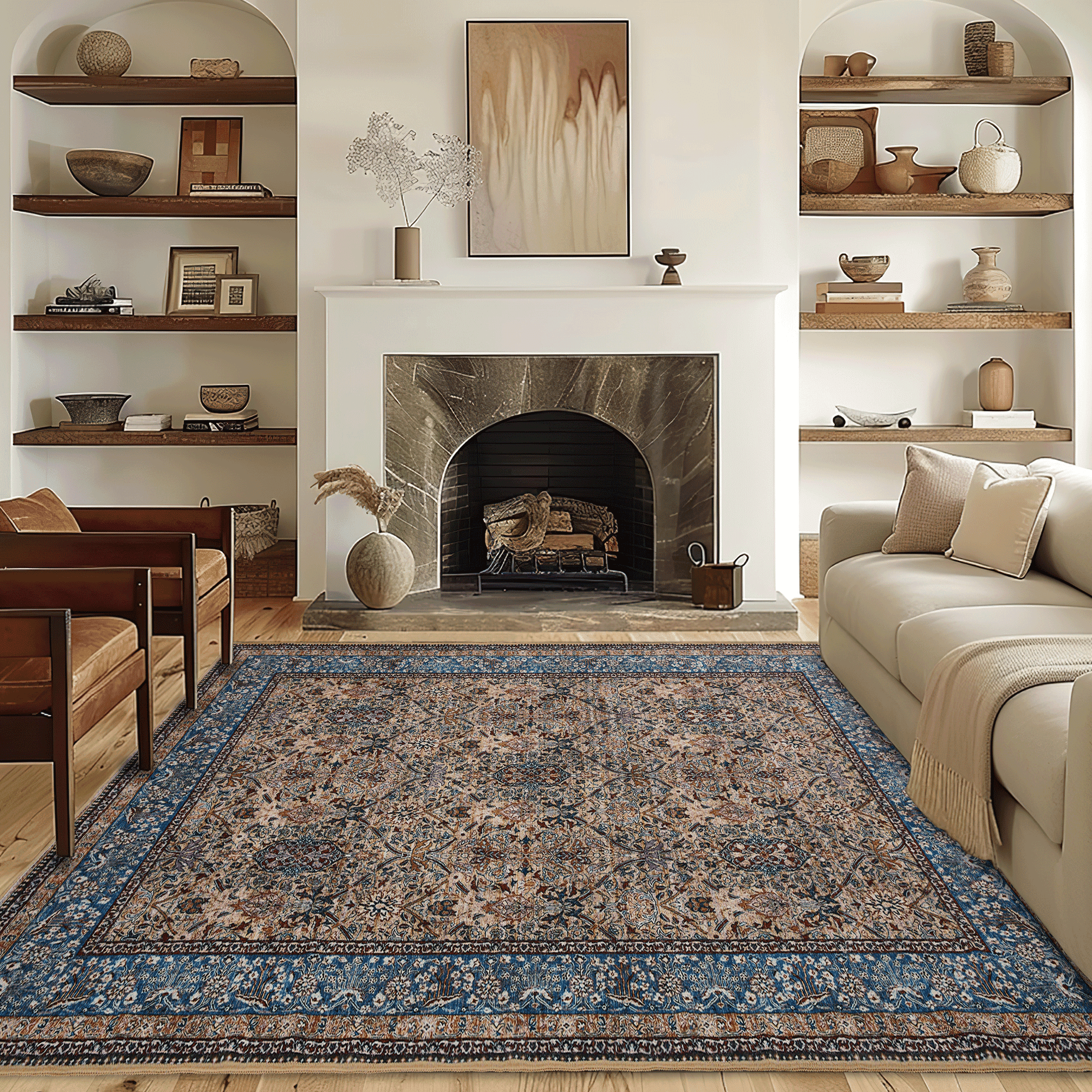 NICETOWN Area Rug 6'x9' Washable Living Room Rug, Non-Slip Vintage Floral Rug Indoor Large Carpet Non-Shedding Mat for Bedroom, Dusty Blue
