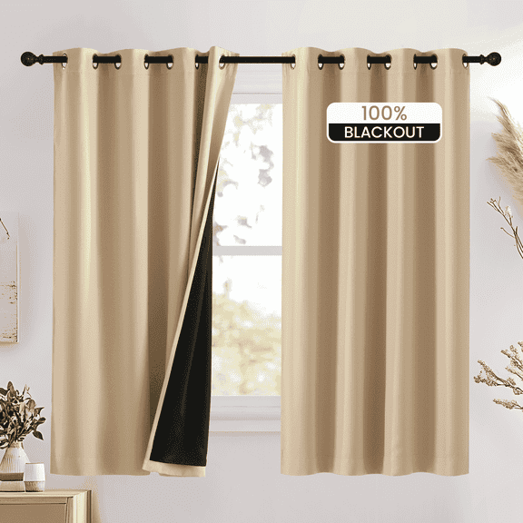 NICETOWN Bedroom Full Blackout Curtain Panels, Biscotti Beige, Set of 2, 52 x 63 inch, Super Thick Insulated Window Covers, Complete Blackout Grommet Draperies with Black Liner for Short Window