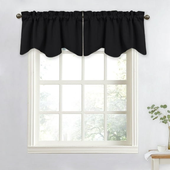NICETOWN Black Curtain Valances for Bathroom, Short Blackout Scalloped Window Valances Rod Pocket Thermal Insulated Drapes for Kitchen Bedroom Living Room, 52"x 18", 2 Panels