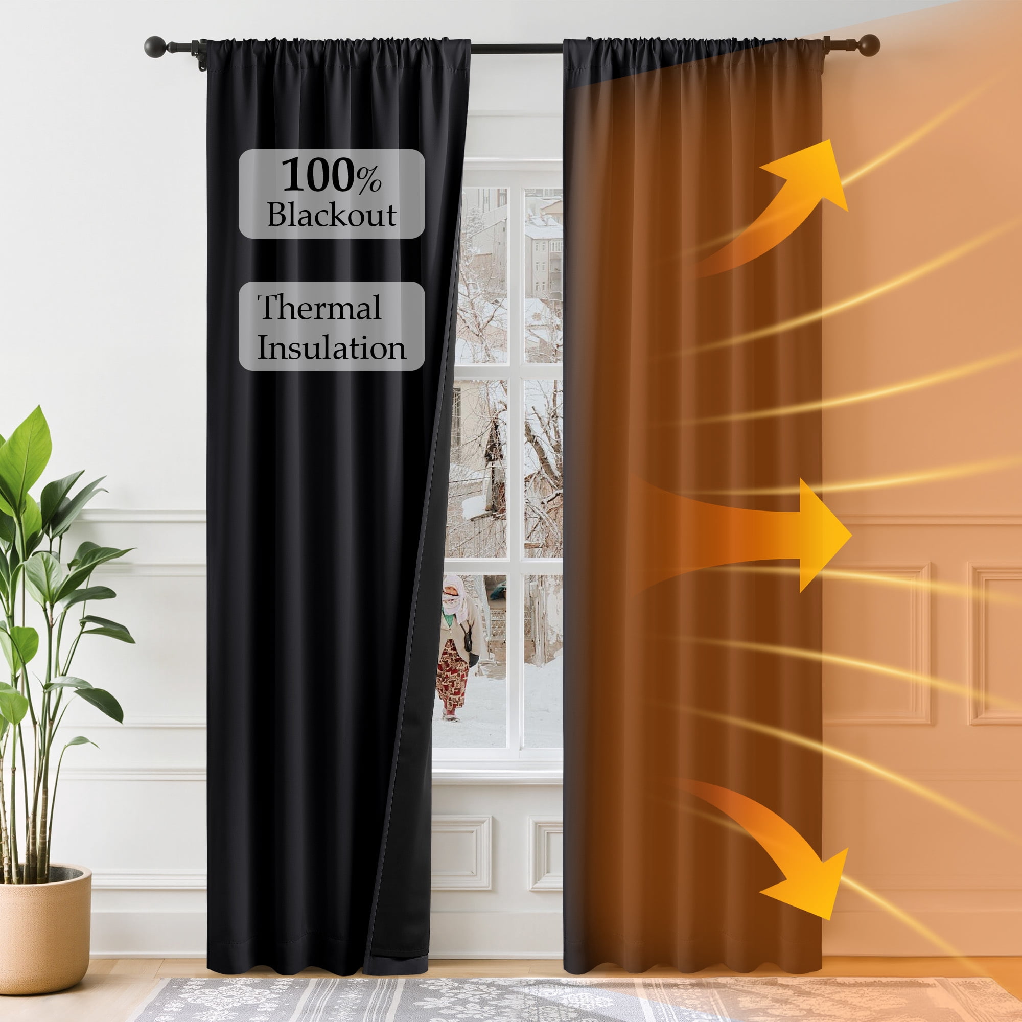 NICETOWN Blackout Curtains for Bedroom, Thermal Insulated Soundproof 100% Light Blocking Drapes 2 Layers Full Blackout Rod Pocket Energy Efficiency Curtains with Black Liner, Black, 52"x84", 2 Panels