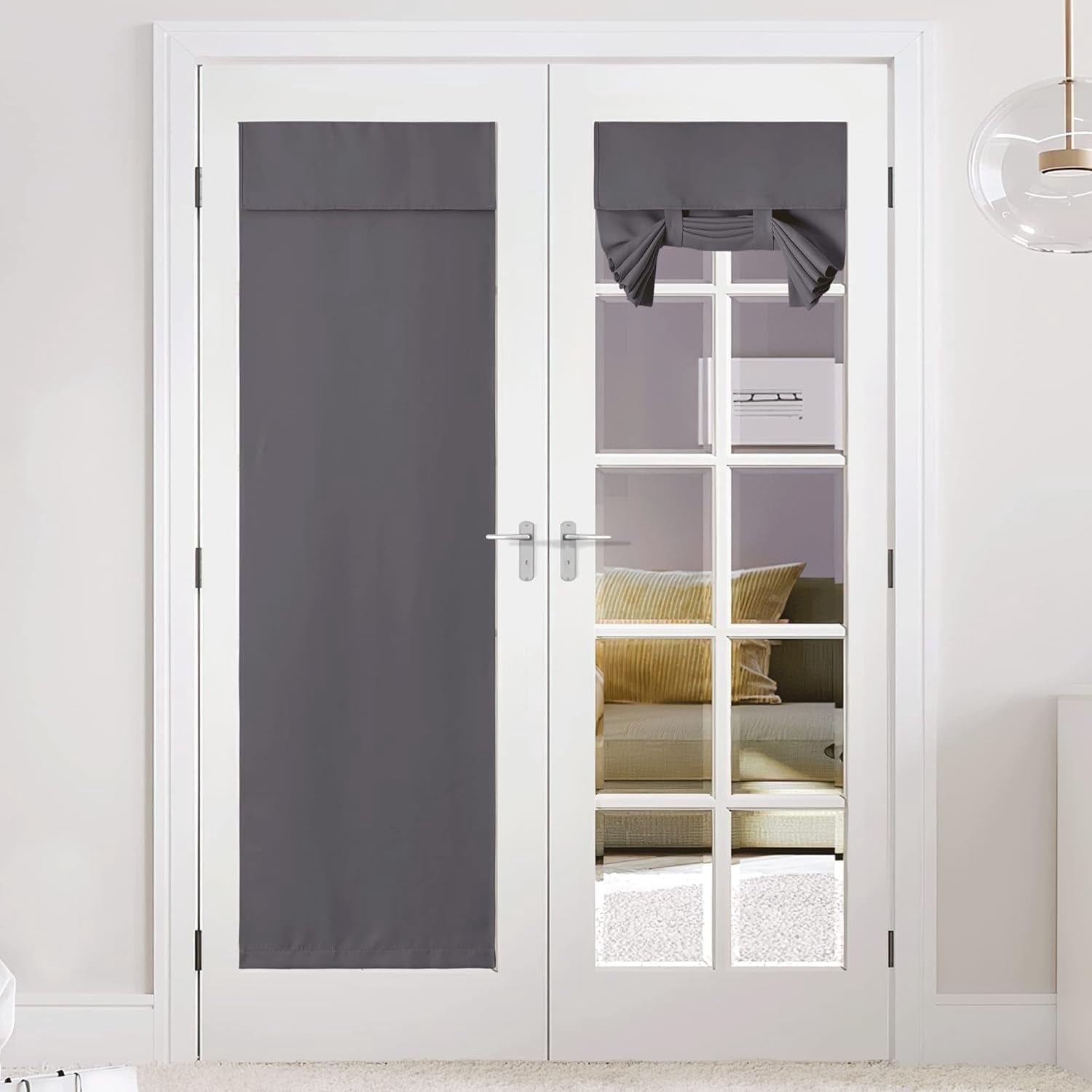 NICETOWN Blackout French Door Curtains, Privacy Thermal Insulated Tie up Glass Shades, Easy to Install Tricia Window Drapes, Front Door Curtain, Grey, 26"x72", 1 Panel