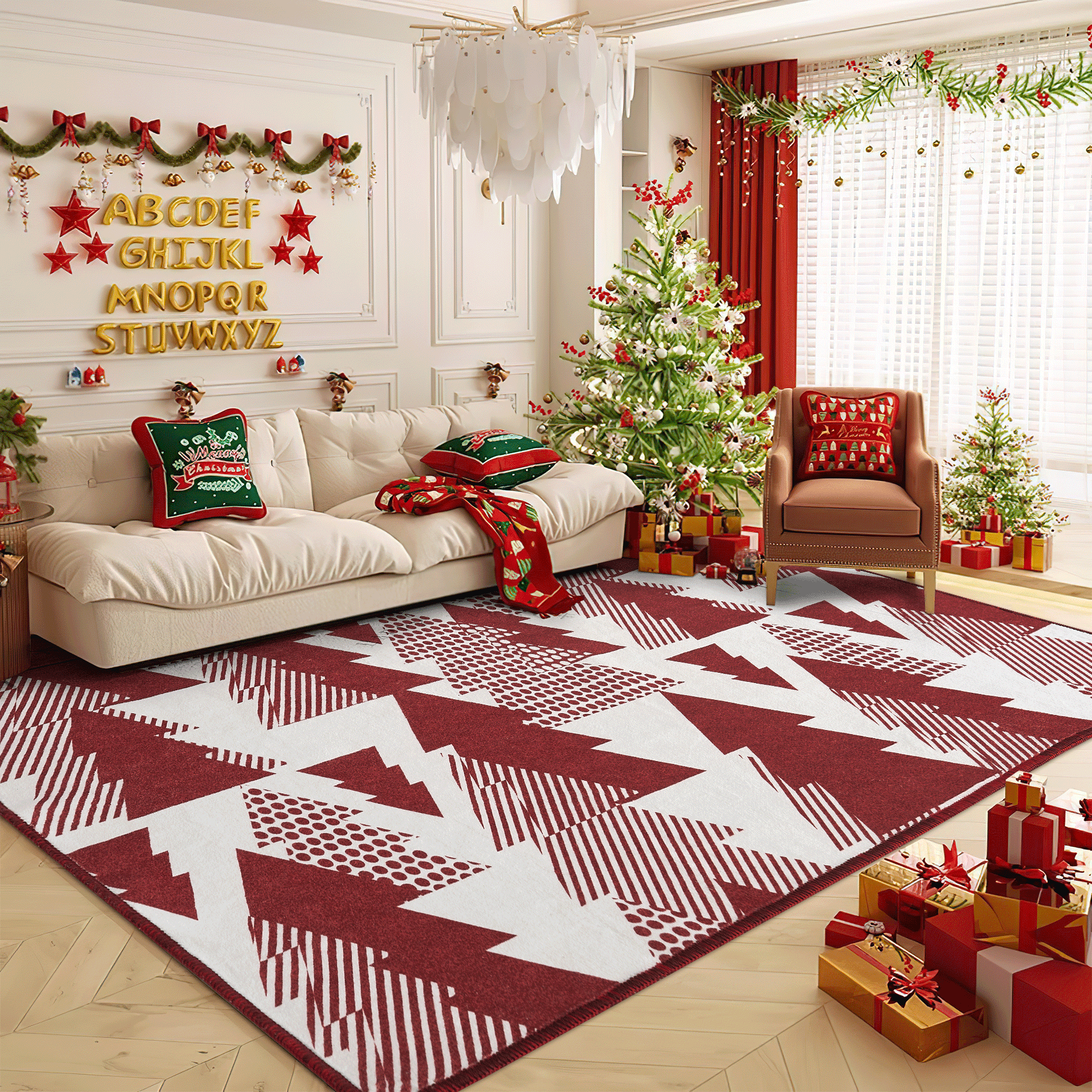 Coodeto Christmas Area Rug 5'x7', Xmas Tree Boho Rug Machine Washable