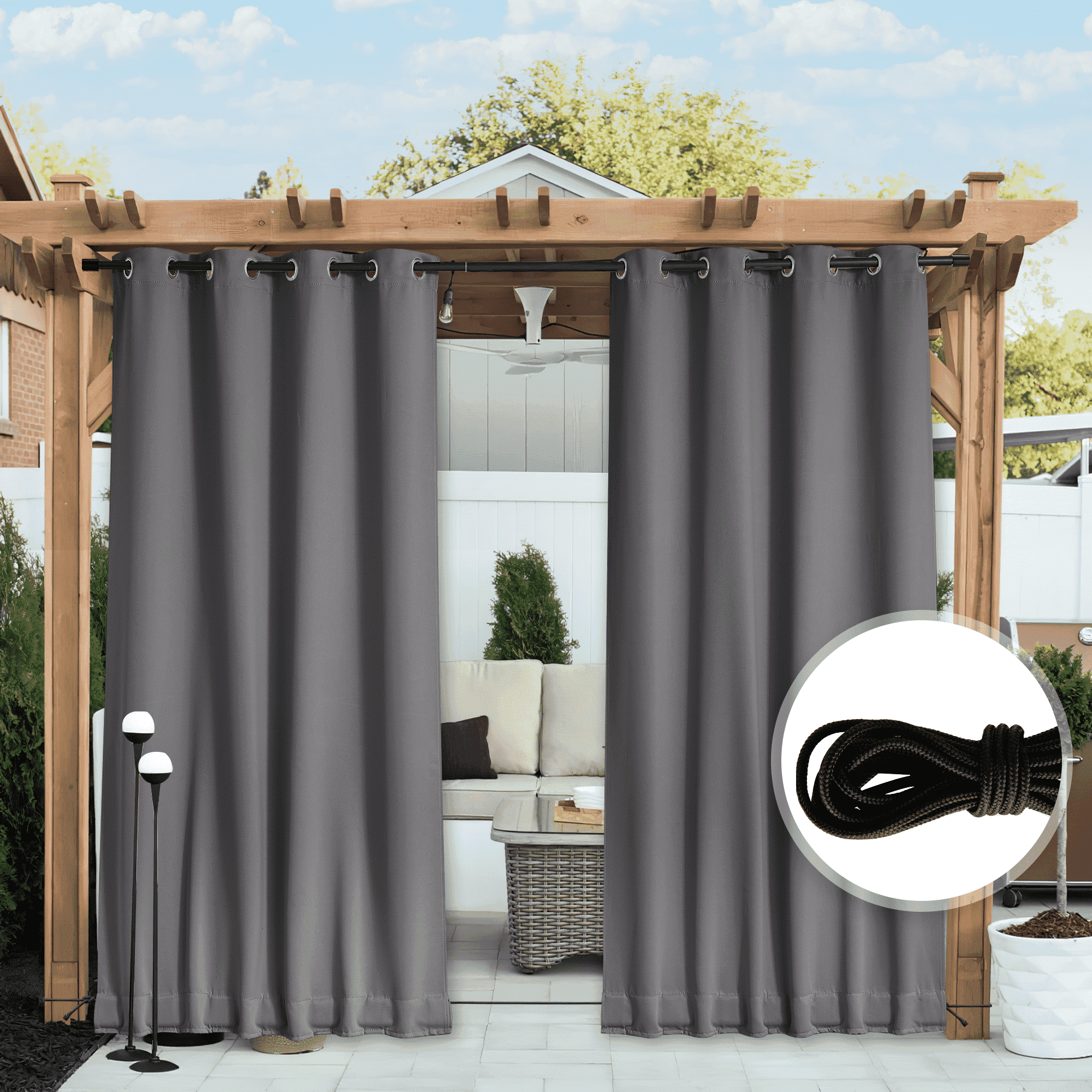 NICETOWN 2 Panels Outdoor Curtains for Patio Winproof & Waterproof Grommet Stainless Privacy Blackout Drapes, 52" x 84", Gray