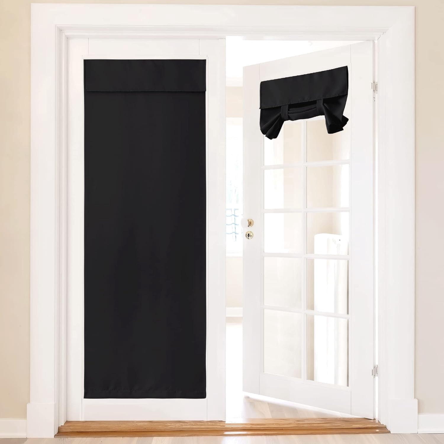 NICETOWN Door Curtains for Door Window, Self Sticky Tricia Window Door Shades Thermal Insulated Blackout French Door Tie Up Shades Window Curtains for Bedroom, Black, 36"x80", 1 Panel