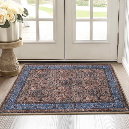 NICETOWN Doormat 2x3 Entryway Small Rug Washable Rug, Non-Slip Soft Foldable Vintage Carpet for Bedroom Living Room Entrance Hallway, Dusty Blue