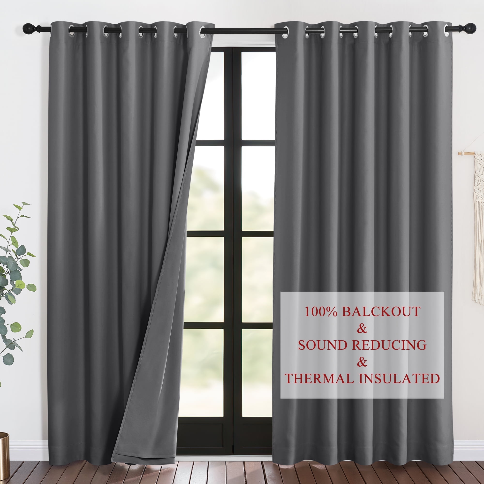 NICETOWN Full Blackout Curtains for Living Room, 3 Layers Soundproof Thermal Insulated Grommet Privacy Window Treatments, Inside Detachable Felt Liner Drapes, Grey, 52"x84", Set of 2