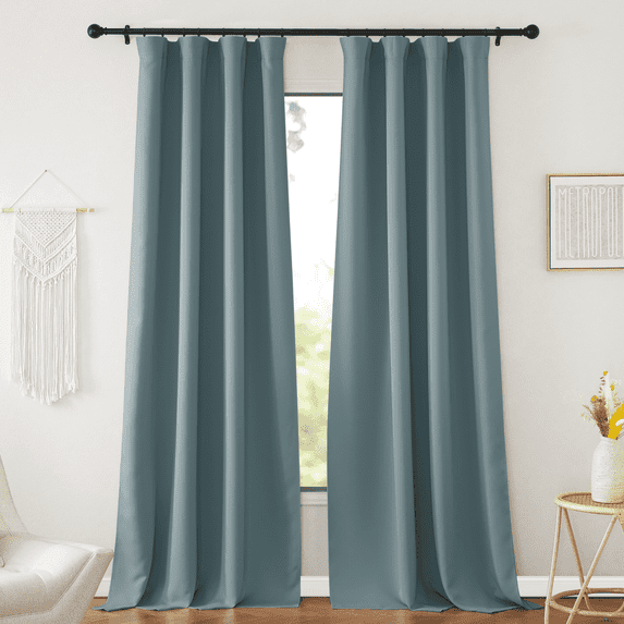 NICETOWN Living Room Blackout Curtains, Rod Pocket/Back Tab/Hook Belt Room Darkening Thermal Insulated Window Treatments for Bedroom, Greyish Blue, 52"x95", 2 Panels