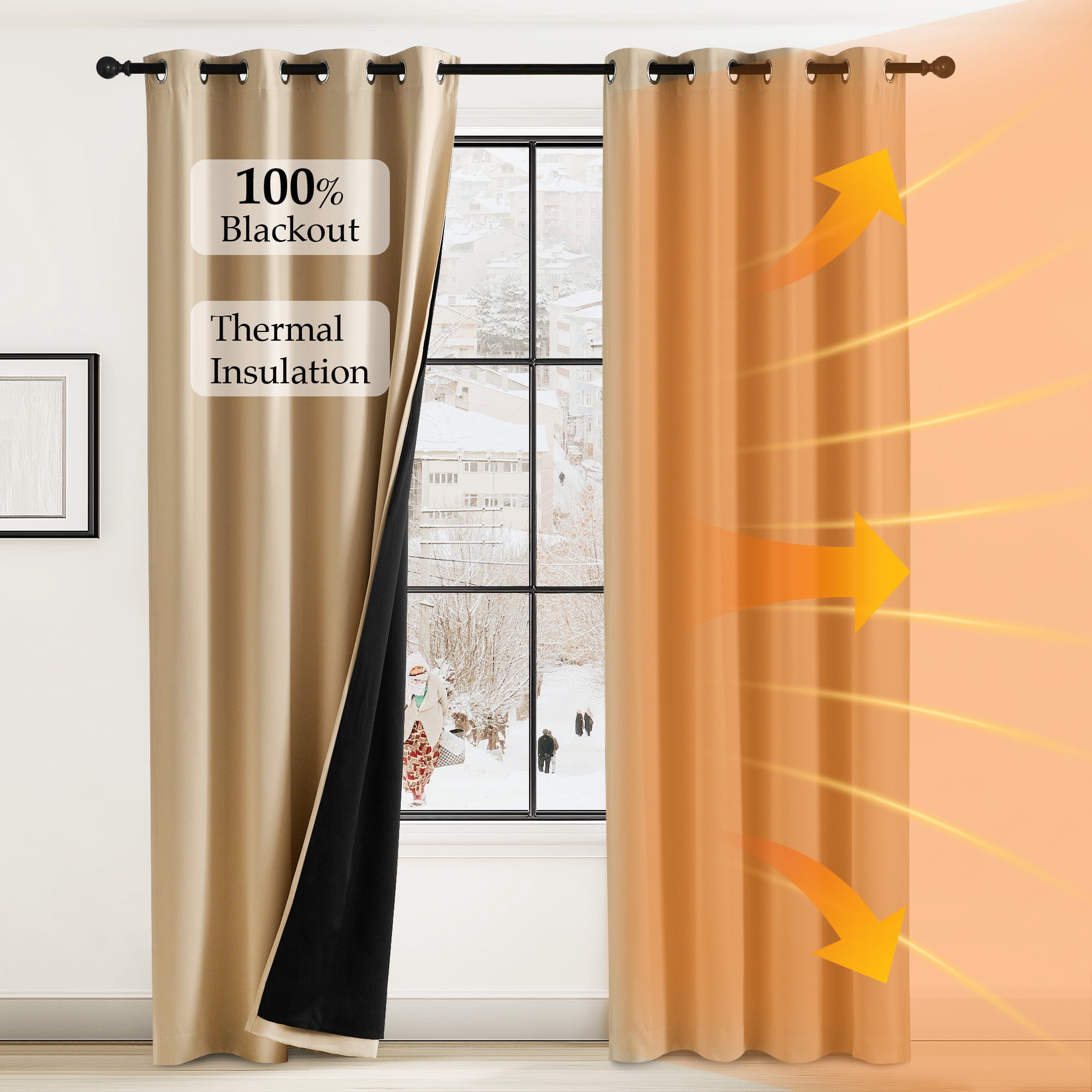 NICETOWN Living Room Completely Shaded Draperies, W52 x L84 Privacy Protection Noise Reducing Grommet Drapes Black Lined Insulated Window Treatment Curtain 2 Panels, Biscotti Beige