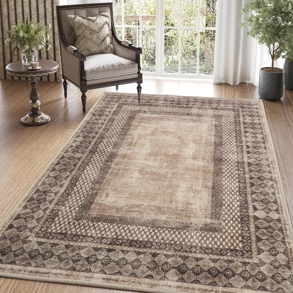 NICETOWN Machine Washable Area rug, 3'x5' Non-Slip Stain Resistant Rug Soft Foldable Lightweight Carpet Pet Friendly Indoor Mat for Kitchen Bedroom Living Room, Brownness