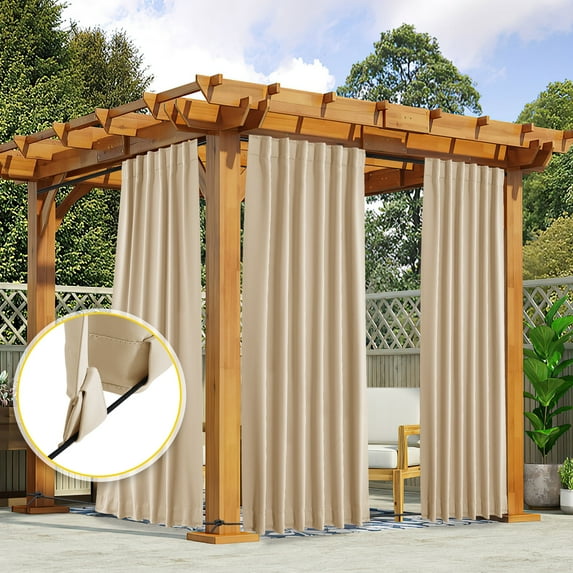 NICETOWN Outdoor Blackout Curtains for Patio, 2 Panels, Waterproof and Windproof Thermal Insulated Window Treatment Top and Bottom Pocket & Back Tab Drapes with Fixed Rope, 52"x 108", Biscotti Beige