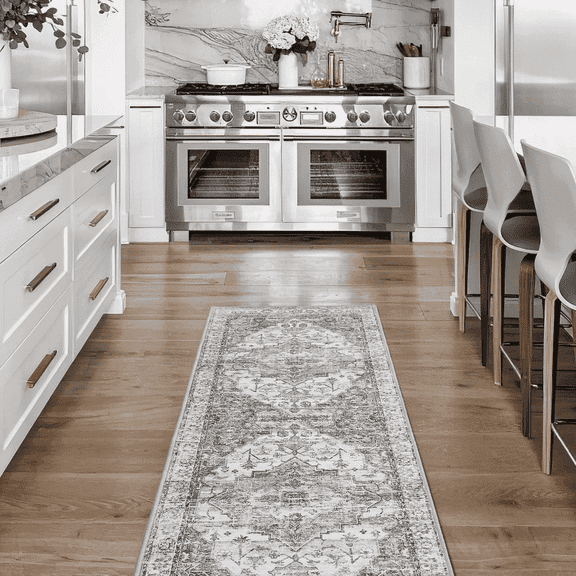 NICETOWN Persian Vintage Runner Rug , 2'x8' Non-Slip Stain Resistance Rug Oriental Medallion Hallway Carpet for Kitchen Foyer Entryway Bathroom, Grey