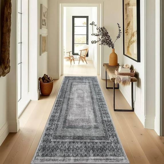 NICETOWN Runner Rug 2'x6' Hallway Rug, Modern Tribal Machine Washable Area Rug Non-Slip Stain Resistant Entryway Carpet Soft Foldable Non-Shedding Floor Mat for Kitchen Laundry Room, Charcoal Gray