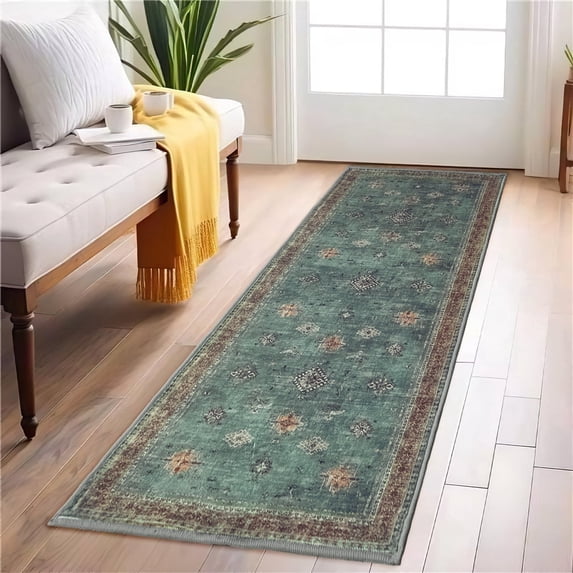 NICETOWN Runner Rugs for Living Room, 2'x6' Area Rug Bohemian Non-Slip Machine Washable Stain Resistant Rug Thin Floral Print Indoor Mat for Kitchen, Pale Green