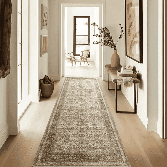 NICETOWN Runner Rugs for Living Room, 2'x8' Area Rug Bohemian Non-Slip Machine Washable Stain Resistant Rug for Kitchen, Brown