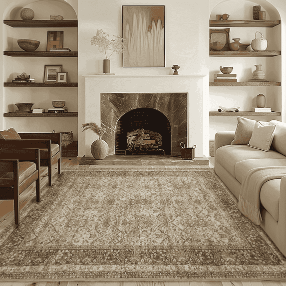 NICETOWN Thin Washable Area Rug, 4'x6' Vintage Rug Non-Slip Stain Resistant Carpet Indoor Non-Shedding Mat for Bedroom Living Room, Brown