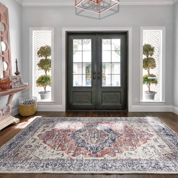 NICETOWN Thin Washable Vintage Area Rug, 4'x6' Non-Slip Oriental Floral Rug Stain Resistance Foldable Carpet for Laundry Bathroom, Brick Red & Black