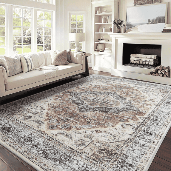 NICETOWN Thin Washable Vintage Area Rug, 8'x10' Non-Slip Foldable Living Room Rug Stain Resistance Mat Oriental Persian Rug for Bedroom, Brick Red & Black